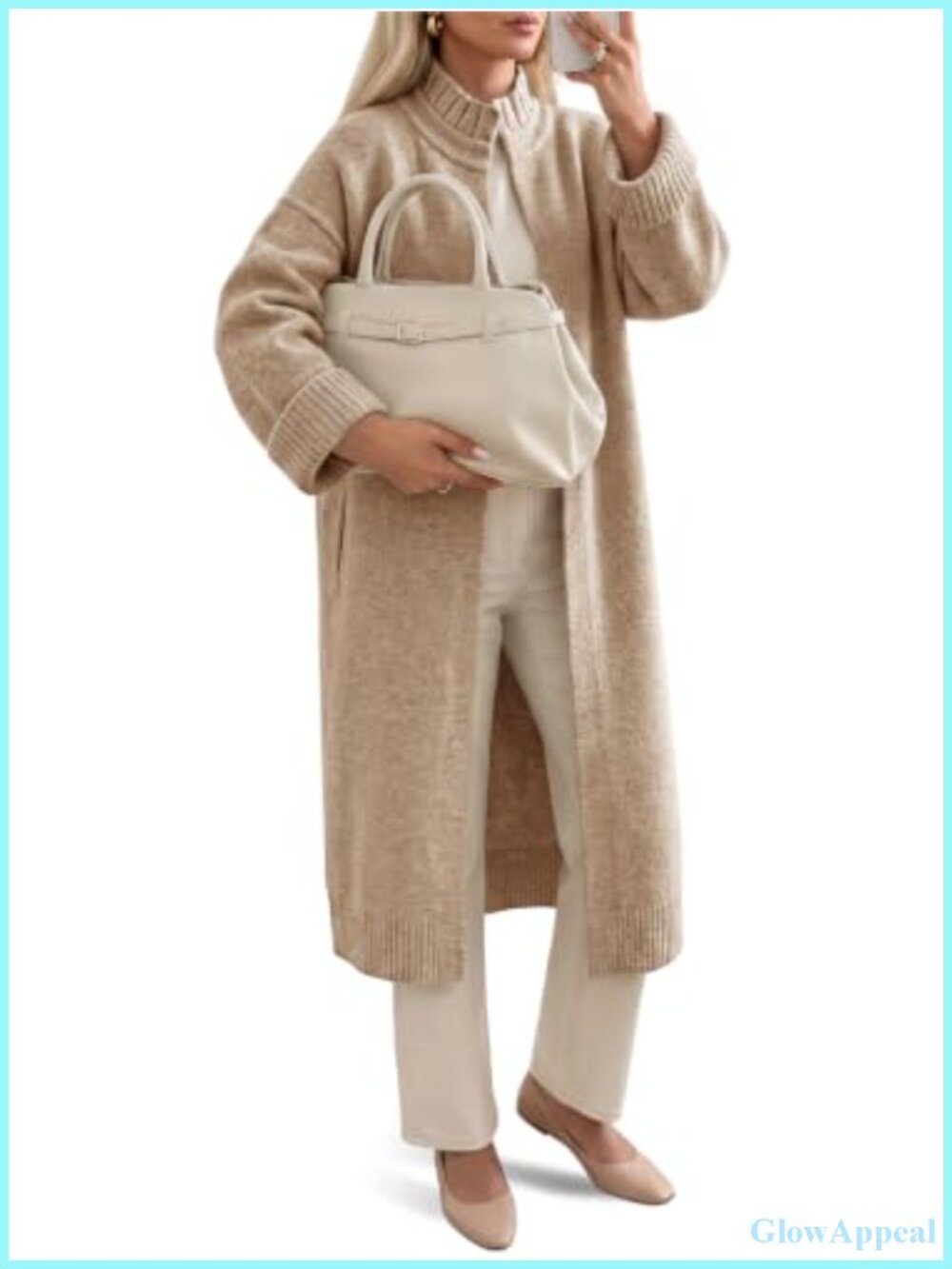 Womens Ruffle Mock Neck Open Front Long Cardigan Sweater